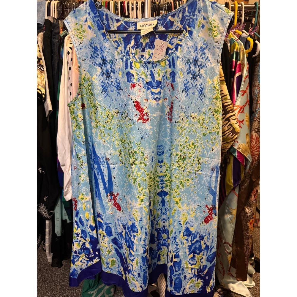 083 CW Classics Womens Blue‎ Abstract Print Sleeveless Tunic Top L Relaxed Fit